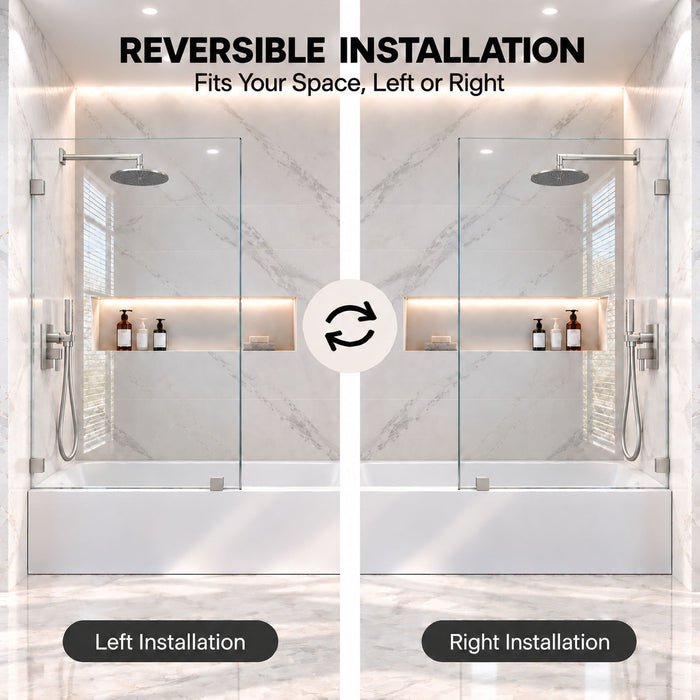 Frameless Bathtub Shower Screen, Reversible Installation