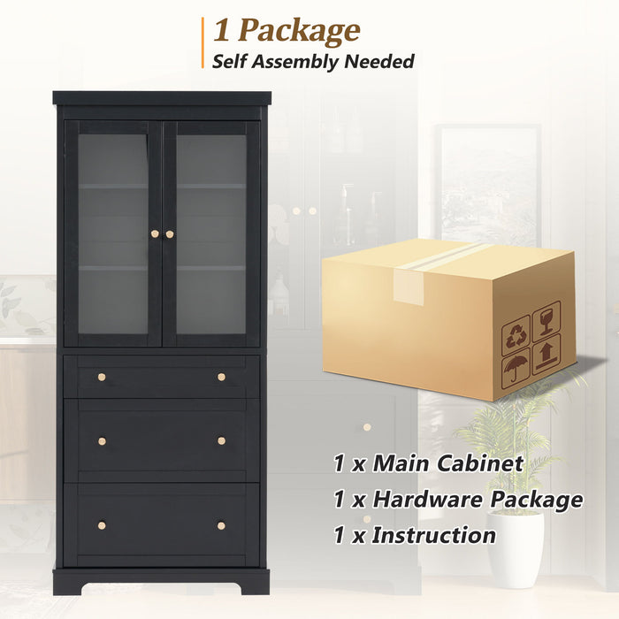 Freestanding Tall Bathroom Cabinet With Adjustable Shelves, Drawers, Soft Close Glass Doors