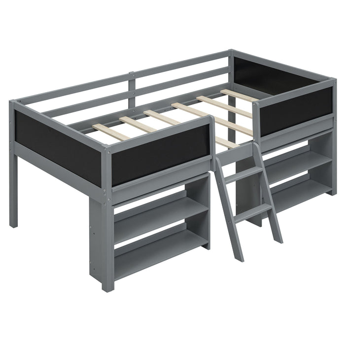 Low Loft Bed With Movable Shelves And Ladder, Decorative Chalkboard Guardrail