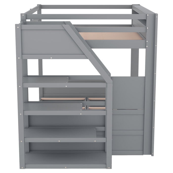 Wood Full Size Convertible Bunk Bed With Storage Staircase, Bedside Table, And 3 Drawers - Gray