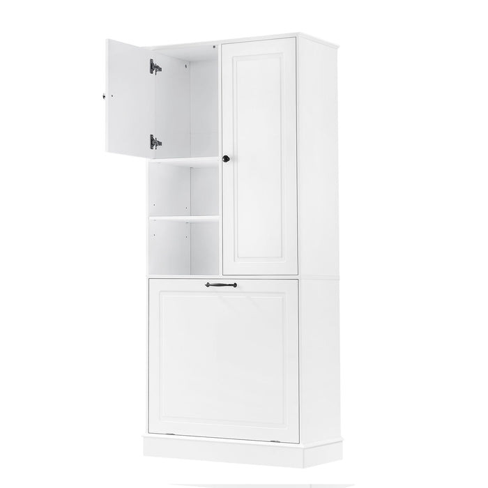 Modern Tall Storage Cabinet With Adjustable Shelves, Flip-Out Basket & Enclosed Doors
