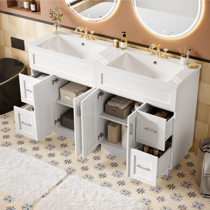 Bathroom Vanity With 4 Cabinet Doors, 4 Drawers, Dual Sinks, Hidden Soft Close Slides And Hinges - White
