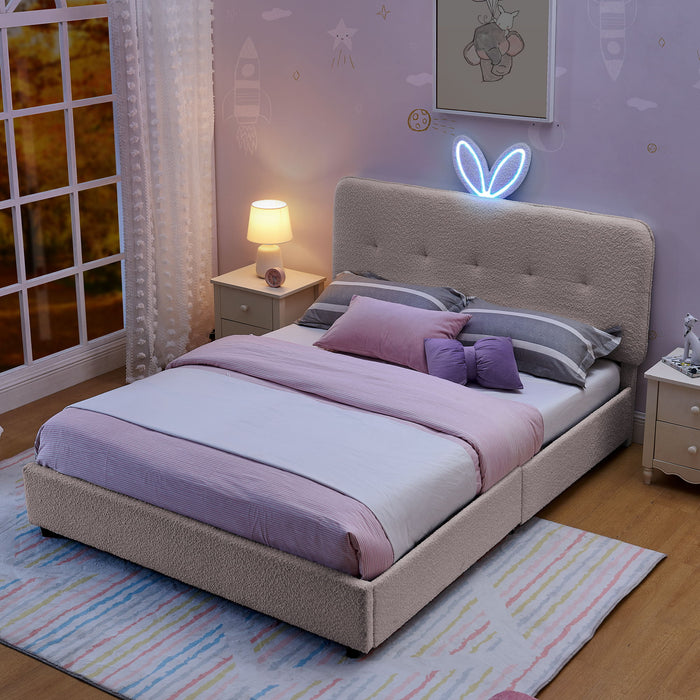 Upholstered Bed With Oversized Rabbit Ear Headboard, LED Lights & 4 Storage Drawers
