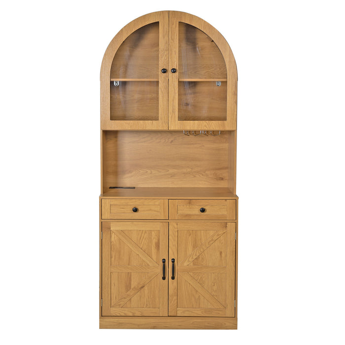 Tall Arched Pantry Cabinet With Charging Station, Adjustable Shelves, Coffee Bar