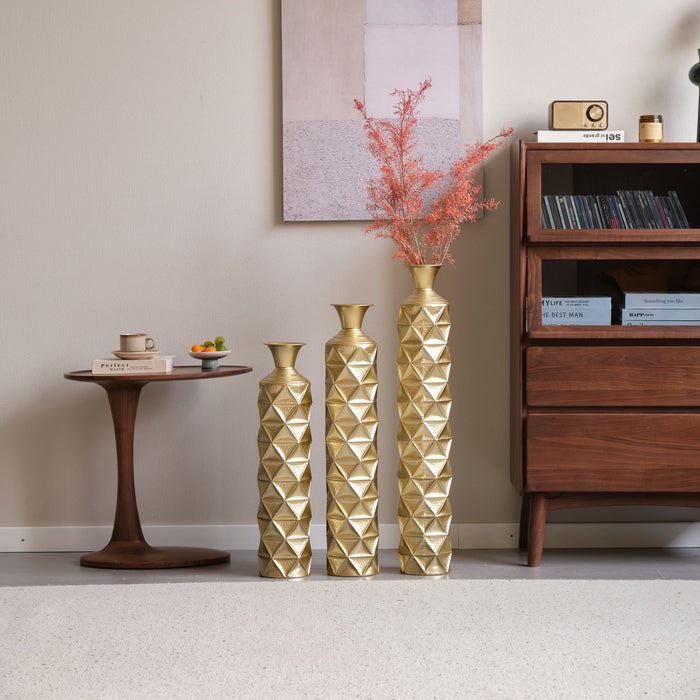Metal Decorative Vase High Distress Metal Center Vase With 3D Triangle Pattern, (Set of 3) Vases For Home Decoration - Gold