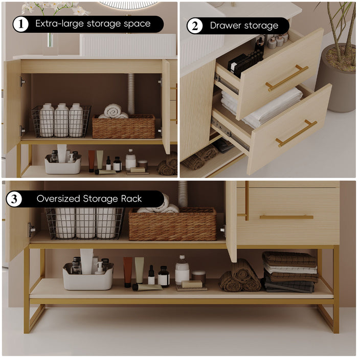 Bathroom Vanity With Vessel Sink Accent Free Standing Cabinet - Ameican White Oak / Gold / White