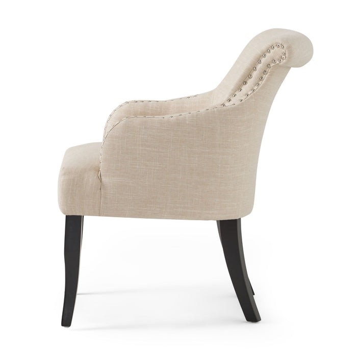 Upholstered Armchair With Rolled Back, Tapered Legs And Nailhead Trim - Light Beige