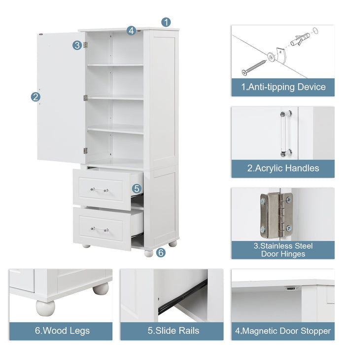 Tall Freestanding Bathroom Storage Cabinet With 2 Drawers And Adjustable Shelf