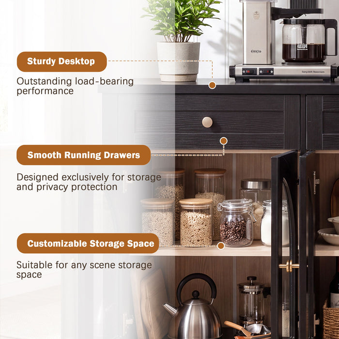 Sideboard Cabinet With 3 Drawers And 6 Arched Doors, Accent Storage Cabinet With Adjustable Shelves For Dining Room - Black