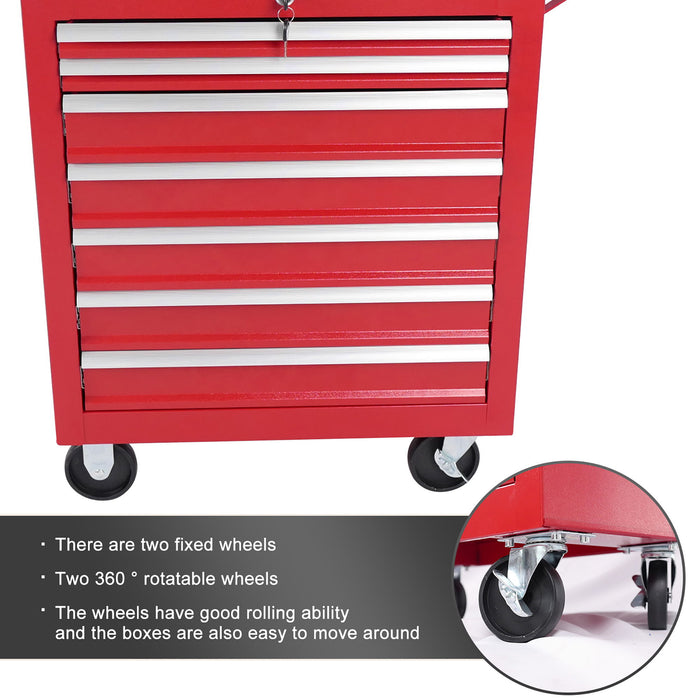 Red 7 Drawer Metal Rolling Tool Chest With Locking System And Wheels, Steel Construction - Red