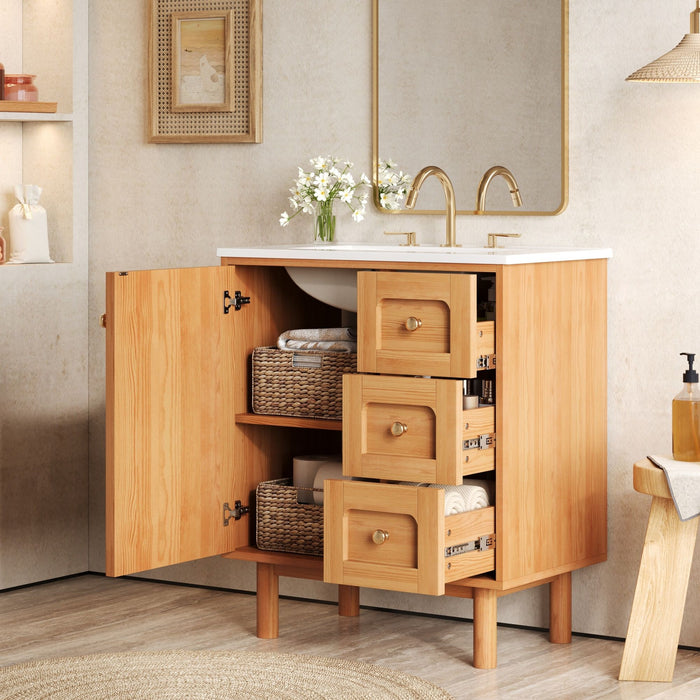 Bathroom Vanity With Sink, 3 Drawers, Soft Close Door - Natural Wood