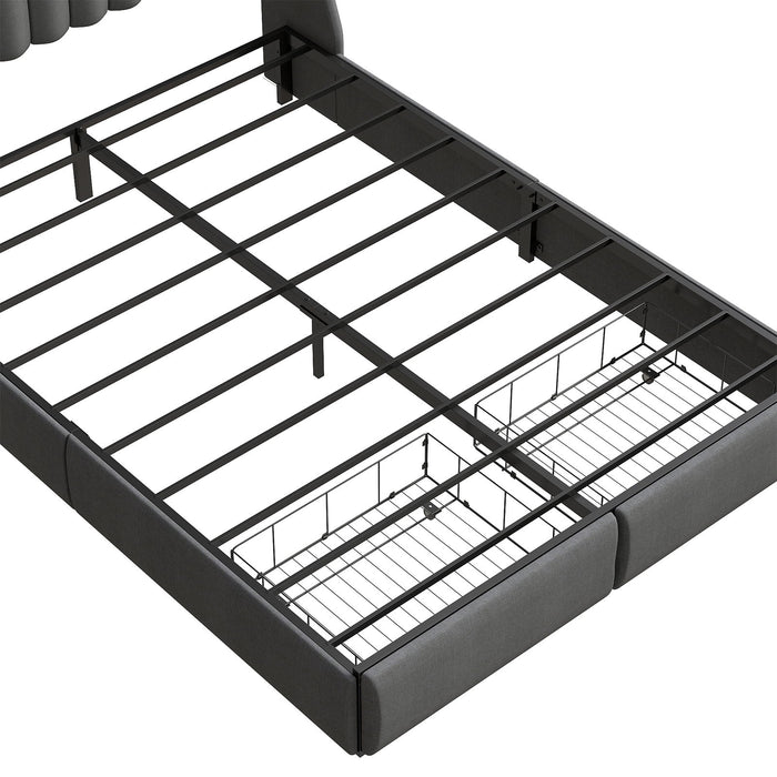 Upholstered Platform Bed Frame With RGB LED Lights, Charging Station & 2 Underbed Drawers