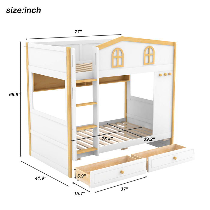 Twin Over Twin Bunk Bed With House Shaped Guardrails, Storage Shelves & Drawers - White / Natural