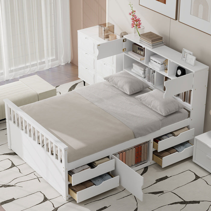 Captain Platform Bed Frame With Bookcase Headboard, 4 Drawers, Storage Shelves