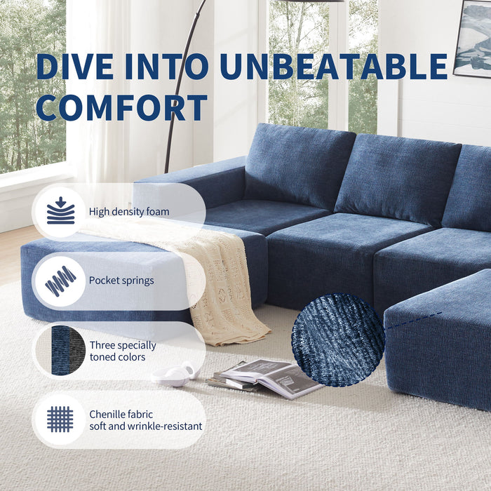 Modular U Shaped Sectional With Ottomans, Luxury Cloud Floor Couch With Deep Seat Fully Compressed Upholstered Sofa