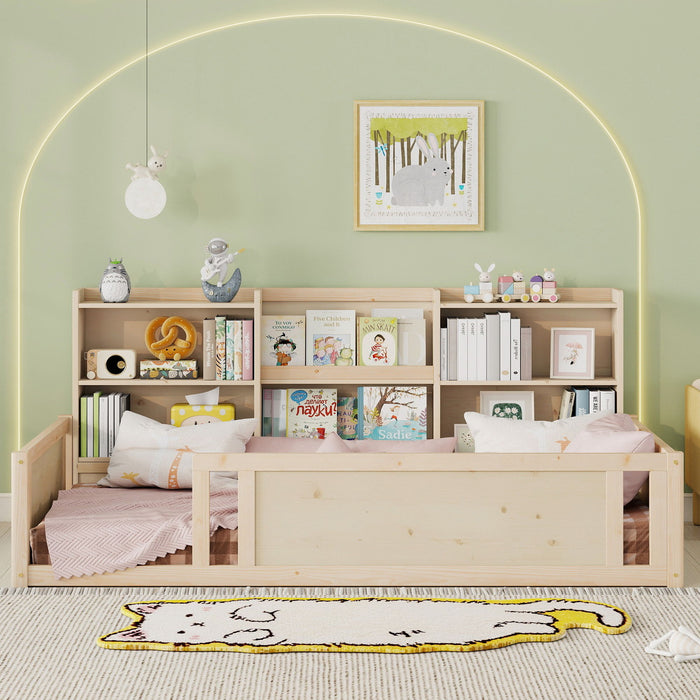Platform Floor Bed With Guardrail Fence And Side Storage Shelves