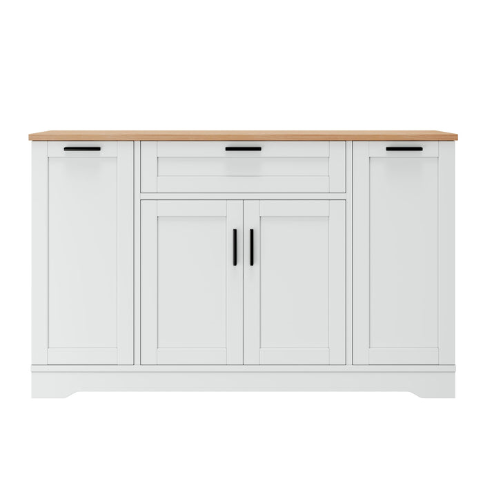 Sideboard With Extendable Table, Adjustable Shelves, 3 Tier Pull Out Rack - White