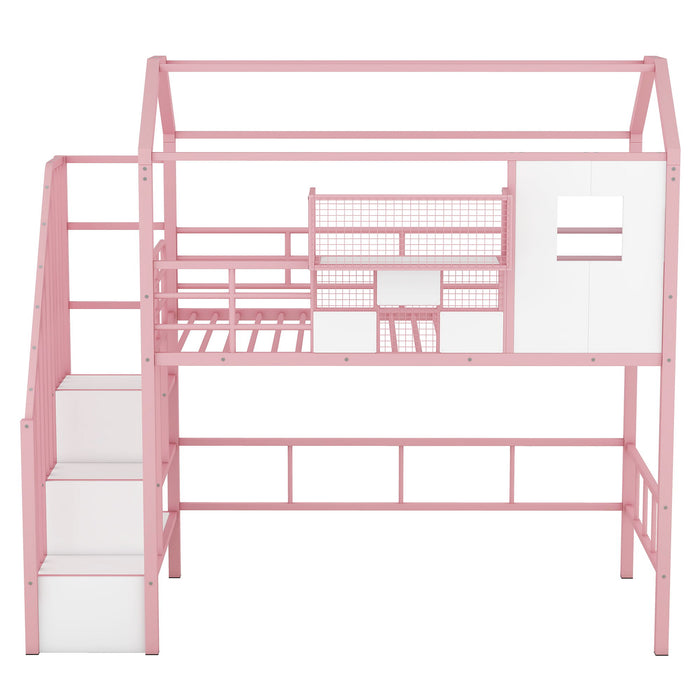 Metal Loft Bed With Roof Design And Storage Box With Guardrails And Integrated Ladder