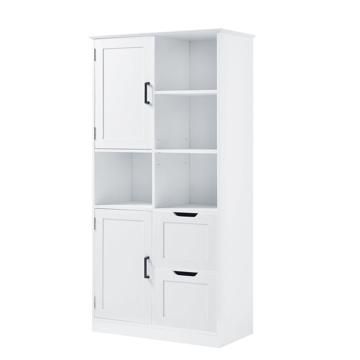 Freestanding Bathroom Storage Cabinet With Doors And Drawers, Adjustable Shelf, Open Shelves - White