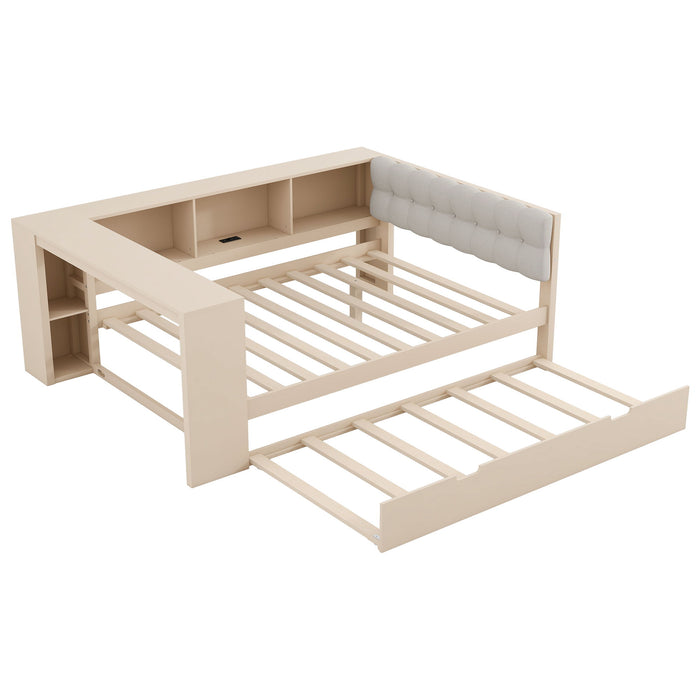 Upholstered Headboard Platform Bed With Storage Shelves, Trundle, Charging Station