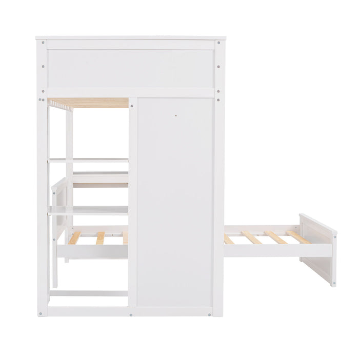 Loft Bed With A Stand Alone Bed, Shelves, Desk, And Wardrobe
