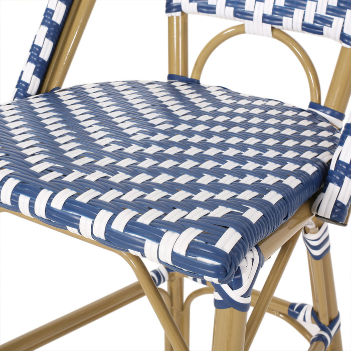 Outdoor Rattan French Barstool Set,, Bamboo, Seat Height - Navy Blue / White