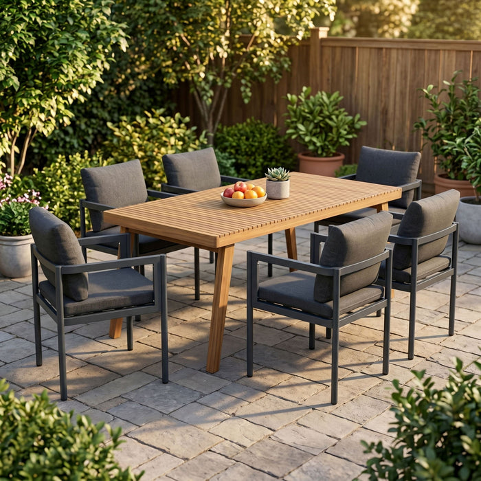 7 Piece Outdoor Patio Dining Set With Table & Chairs With Cushions - Brown / Gray