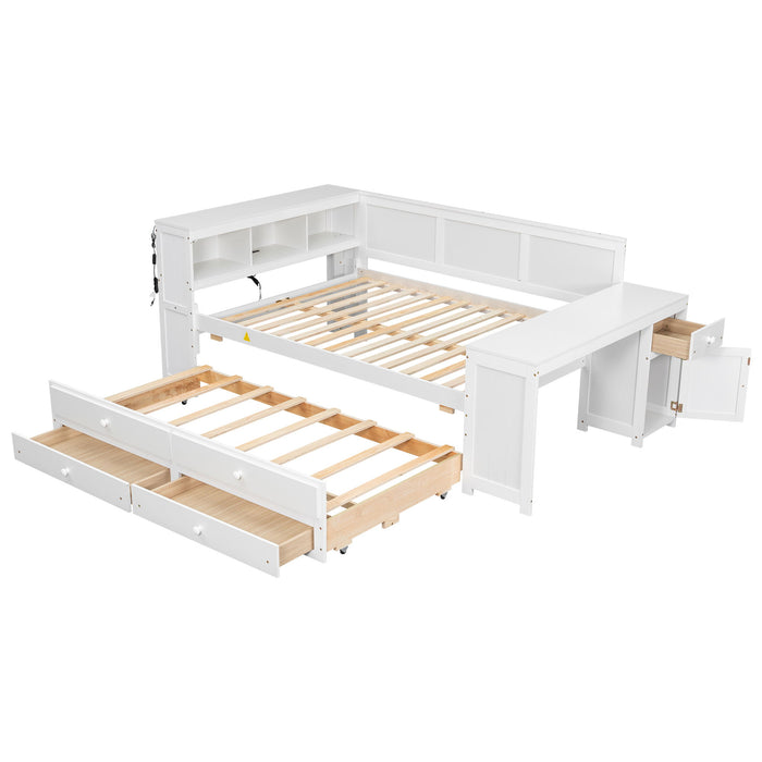 Daybed With Storage Shelves, Drawers, Trundle, Charging Station, LED Light, Desk And Cabinet