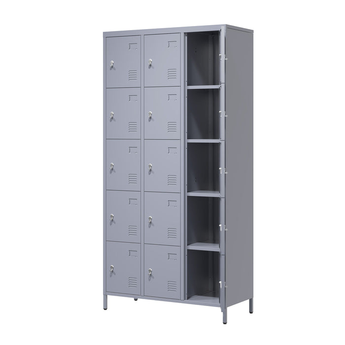 15 Door Lockers With Lock For Storage In Home, Gym, Office, And School - Gray