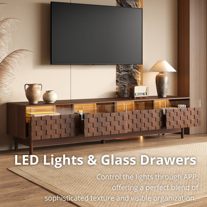 TV Stand With LED Lights And Glass Drawers For Living Room - Walnut