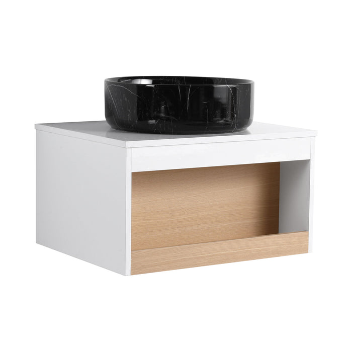 Floating Bathroom Vanity With Vessel Sink With Open Shelf Storage