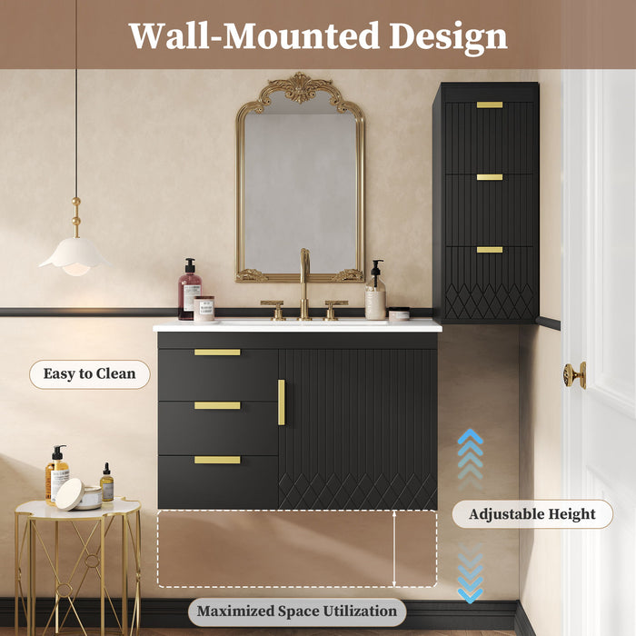 Wall Mounted Bathroom Cabinet With Side Cabinet Combo With Soft-Closing Doors And Drawers, Ceramic Sink