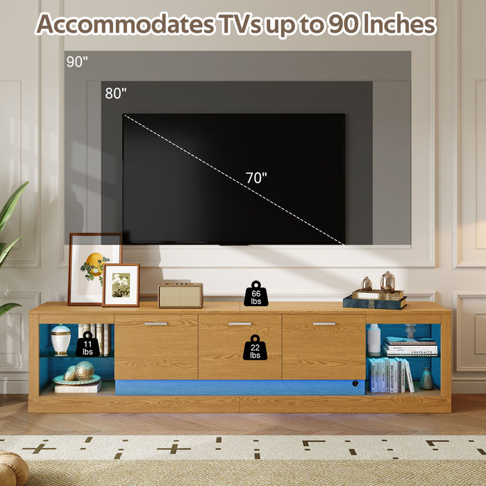 TV Stand With 6 Cabinets & 2 Open Compartments, Entertainment Center For TVs Up To 90'', Television Console - Natural Wood