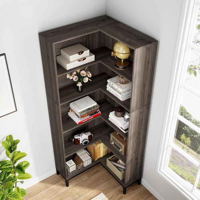 L-Shaped Bookcase, 5 Tier Freestanding Corner Bookshelf