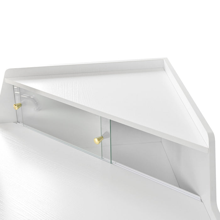 Modern Corner Makeup Vanity Desk With Large Storage, LED Mirror & Stool, Adjustable Brightness, Space Saving - White