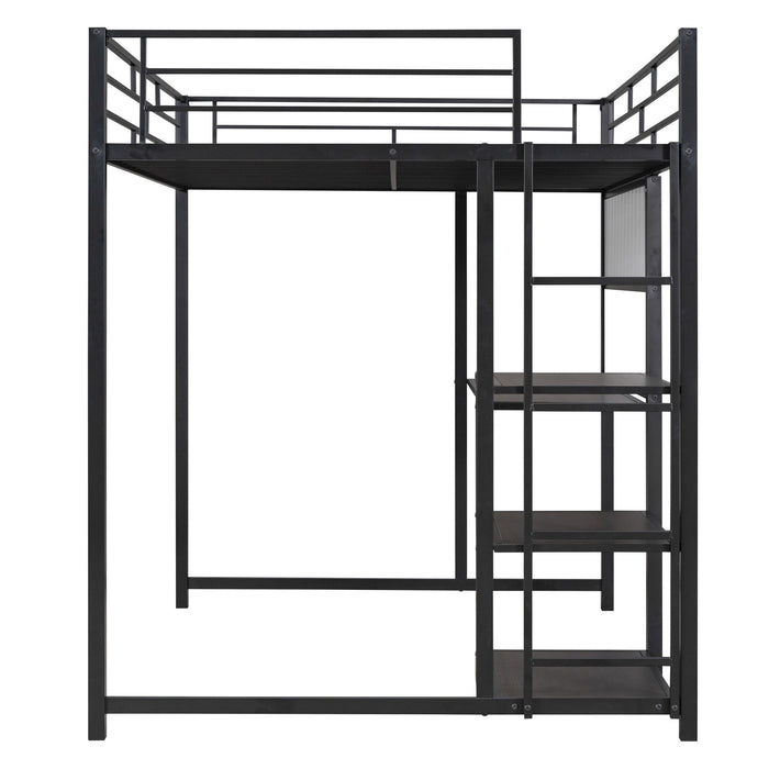 Metal Loft Bed With Desk, 3 Shelves And Ladder