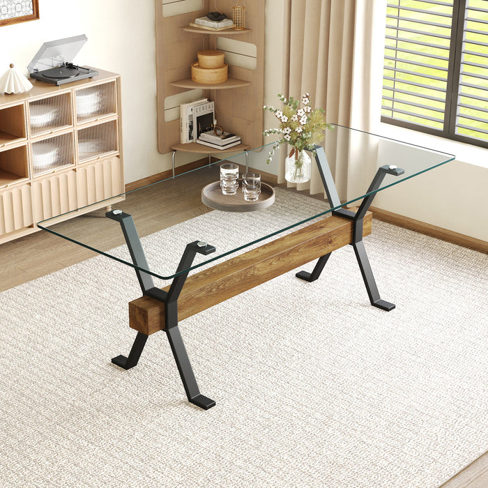 Elegant Tempered Glass Dining Table With X Shaped Metal Legs And Wood Grain Crossbeam - Black / Transparent