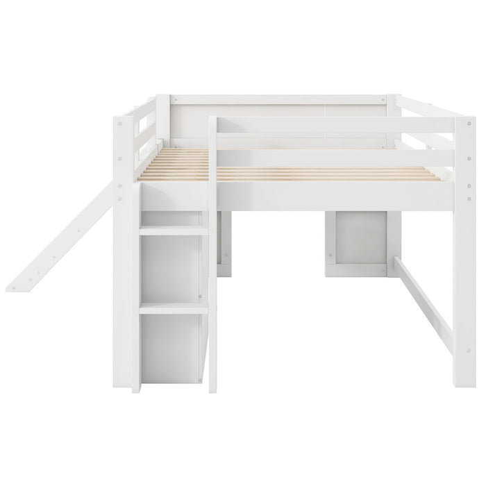 Modern Low Loft Bed With Slide, 3 Storage Drawers, And 2 Doors