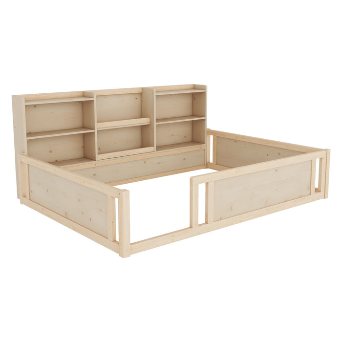 Platform Floor Bed With Guardrail Fence And Side Storage Shelves