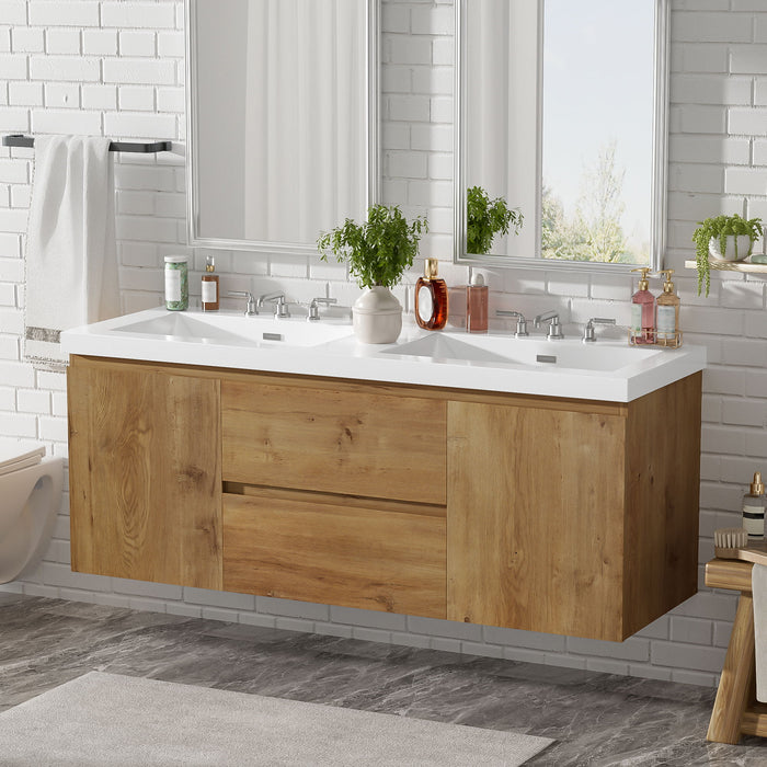 Double Sink Bathroom Vanity, Cabinet & Soft Close Doors, Divided Drawers, Wall Mounted Storage - Wood