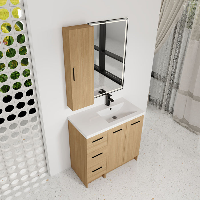 Freestanding Bathroom Vanity Set With Tall Linen Cabinet, 3 Drawers And Large Storage, Single Sink