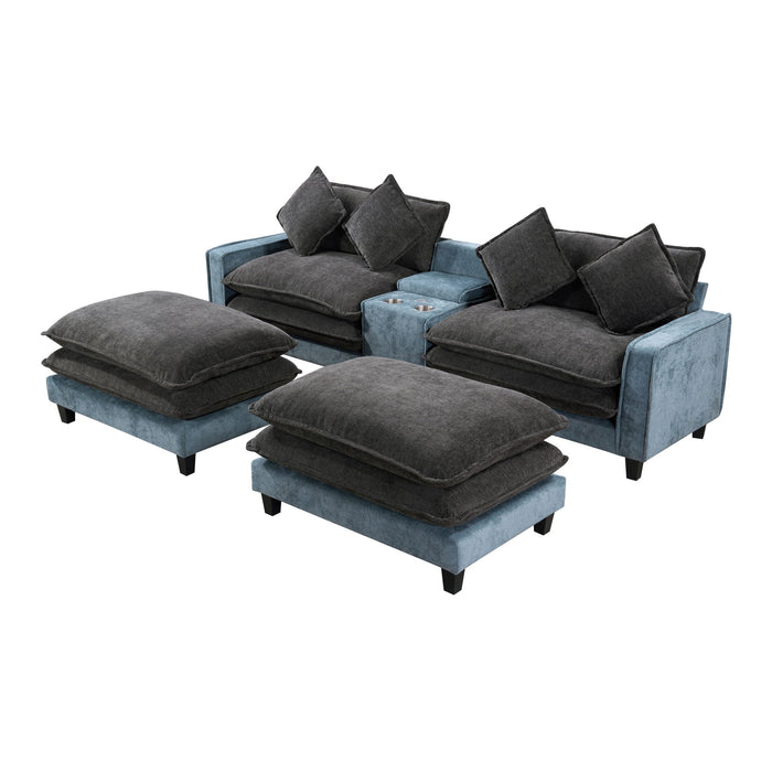 Sectional Sofa With Removable Ottomans, USB Ports, Cup Holders & Storage - Gray / Light Blue