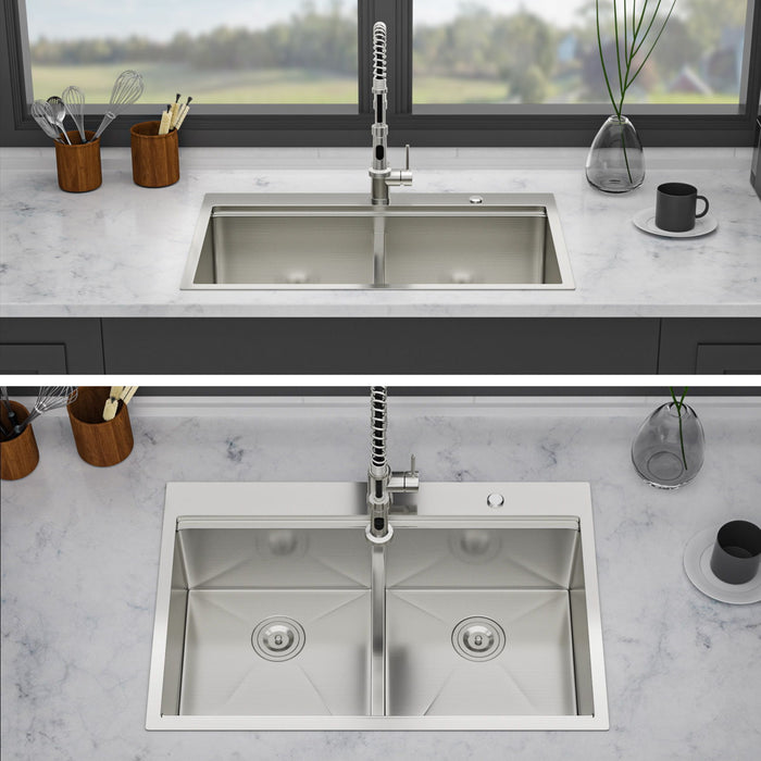 Topmount Drop In Kitchen Sink, Double Bowl Stainless Steel - Brushed Nickel