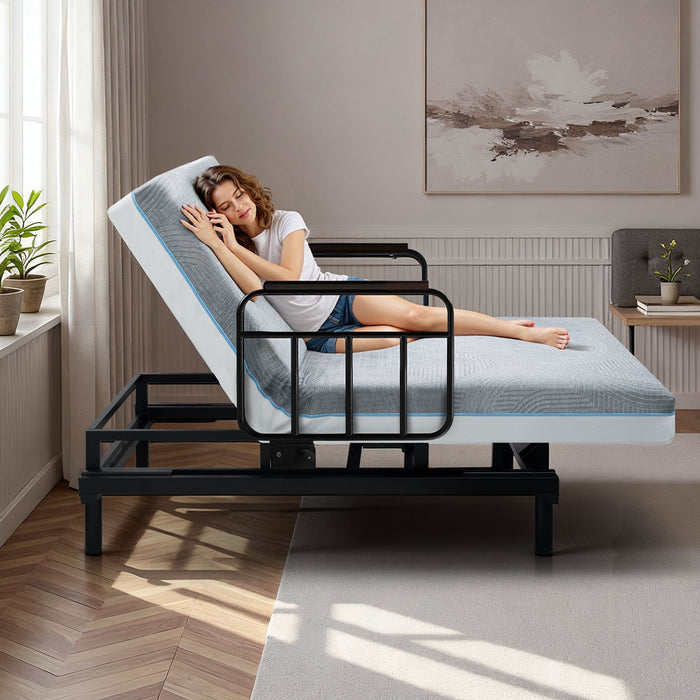 Electric Lift Bed For Seniors With Remote Control, Memory Foam Mattress, Safety Rails & Detachable Tray - Black / Gray