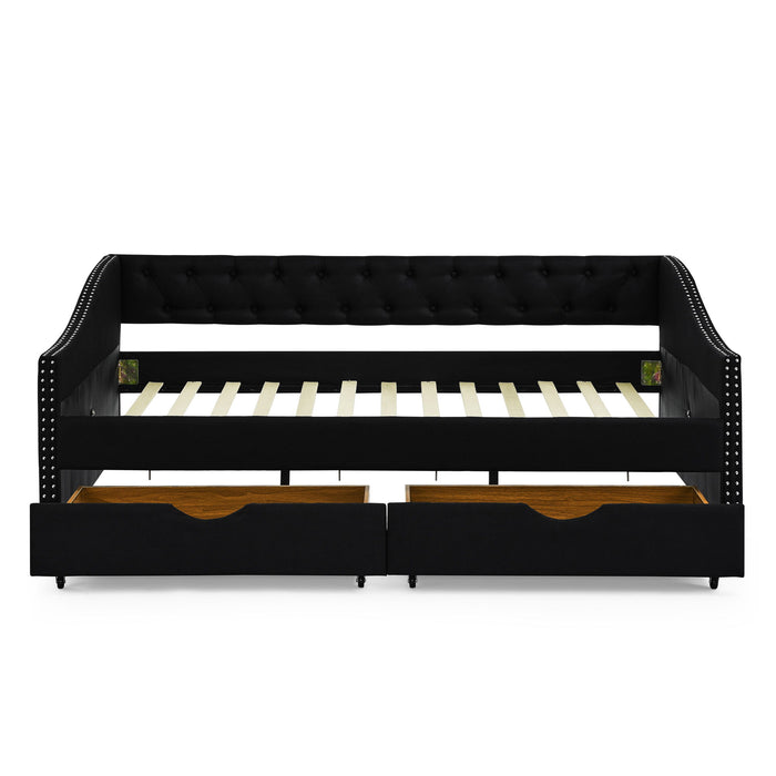 Upholstered Tufted Daybed With 2 Drawers, Waved Arms