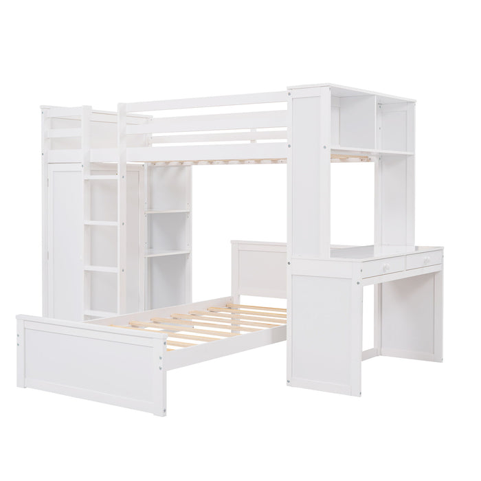 Loft Bed With A Stand Alone Bed, Shelves, Desk, And Wardrobe