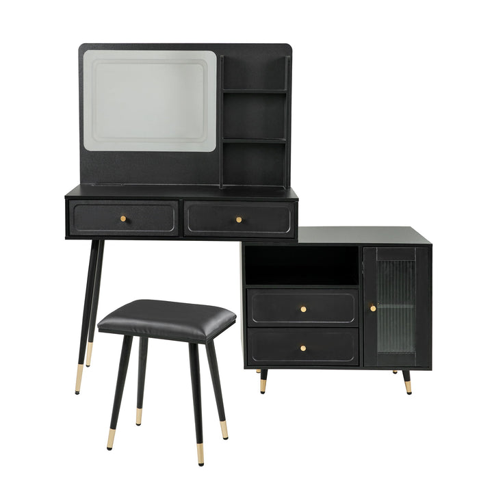 Modern Makeup Vanity Desk With Mirror And Lights Retractable Design Engineered Wood - Black