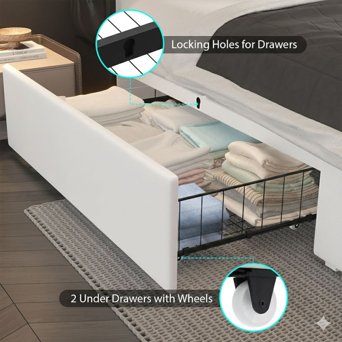 Wingback Upholstered Bed Frame With LED Lights, Charging Station