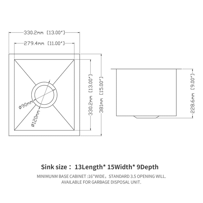 13" Undermount Stainless Steel Kitchen Sink 16 Gauge 9" Deep Single Bowl Basin - Brushed Nickel