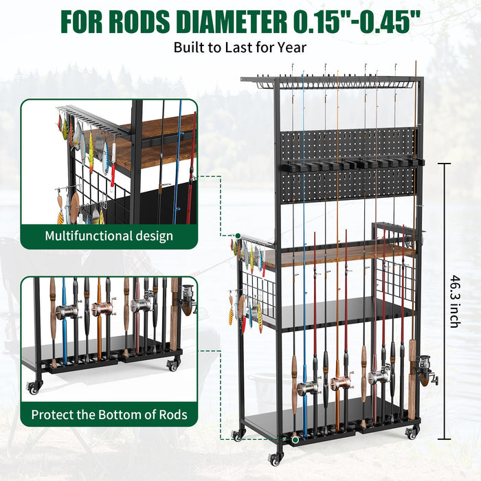 Fishing Rod Storage Rack With Pegboard, Rolling Tackle Organizer Cart - Black